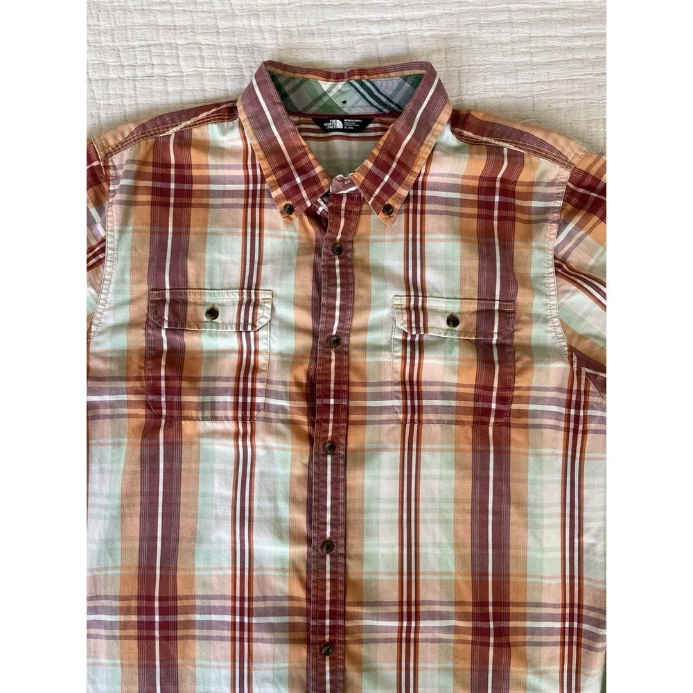 North‎ Face Mens XL Short Sleeve Button Down Shirt Plaid Red Orange Cotton